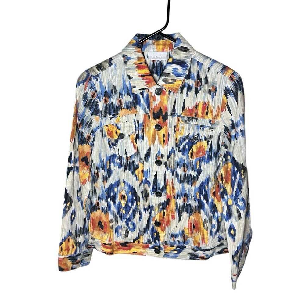 Chico's Size 0 (XS-S) Multicolor Prints Linen Cotton Jacket Button Down Casual